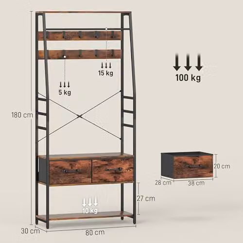 HOMCOM Industrial Hall Tree with Bench and 10 Hooks in Brown and Black, H 180 x W 80 x D 30 cm – 4