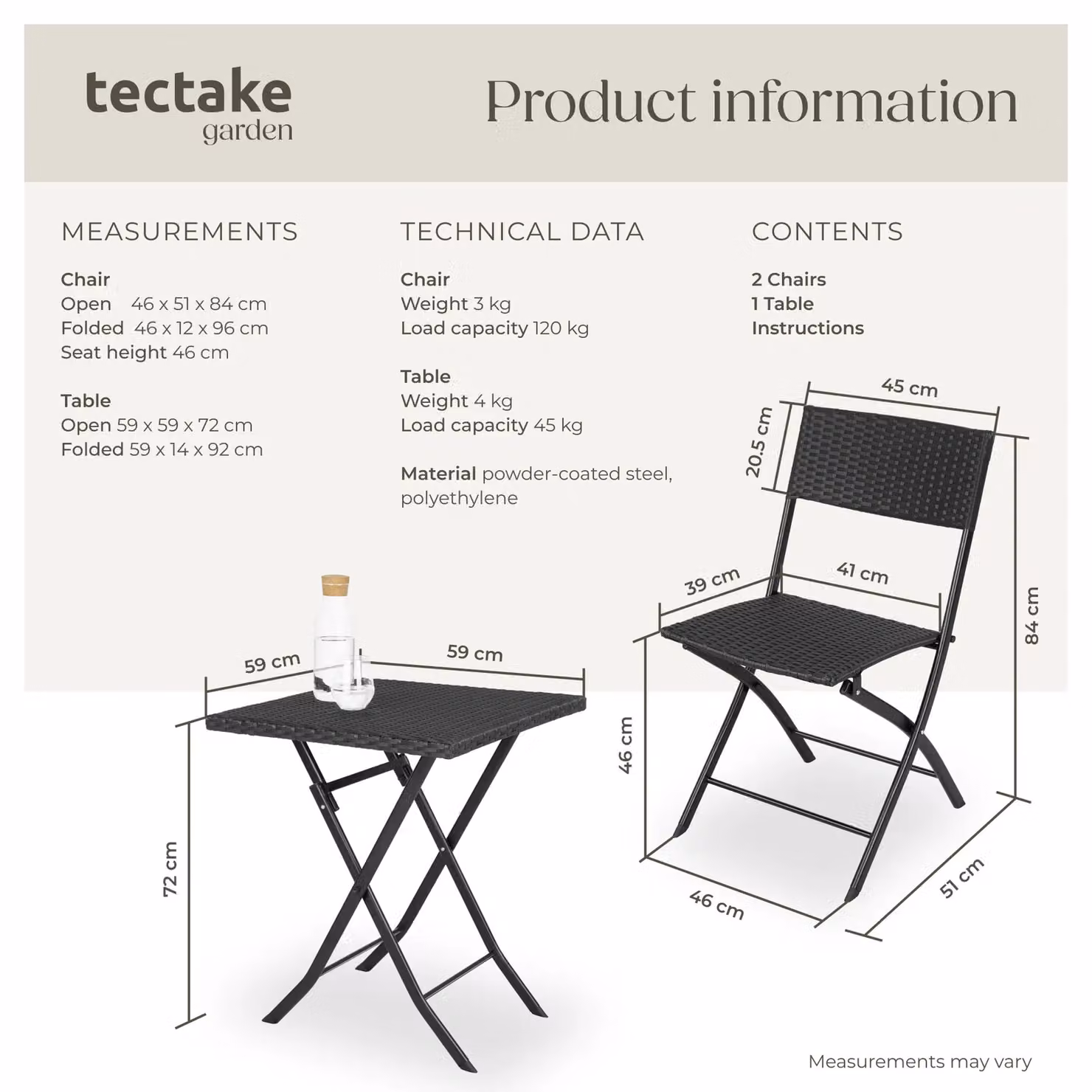 tectake Trevi 3 Piece Bistro Set with Foldable Rattan Chairs and Square Table in Black – 8