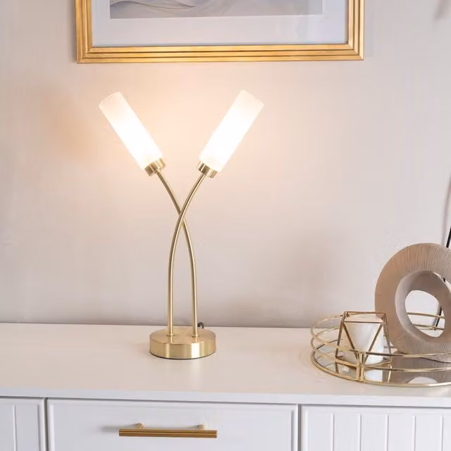 ValueLights Maya 2 Way Curved Cross Over Reed Shaded Table Lamp in Gold/Brass – 1