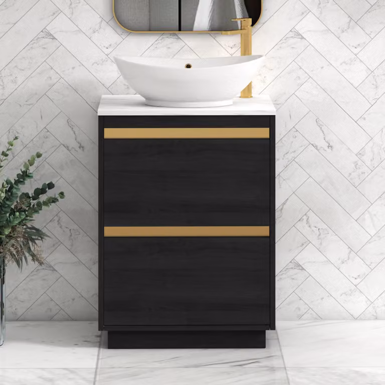 Royal Bathrooms Orion 800mm Hale Black Floor Standing Vanity Unit with Amaze Carrara White Countertop and Brushed Brass Accents