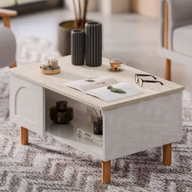 Decorotika Bohem Coffee Table in White and Travertine, W/D/H: 90 x 60 x 31 cm
