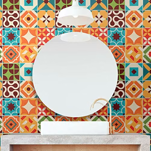 WALPLUS Ziggy Retro Geometric Tile Stickers, Multicolour Self Adhesive Waterproof Decals for Kitchen and Bathroom Splashbacks, 24 Pieces, W/D/H: 15 x 15 x 0.18 cm – 1