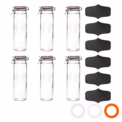 Argon Tableware 6 Pack Transparent Glass Jars with Airtight Metal Clip Lids and Labels, 2000ml – 1