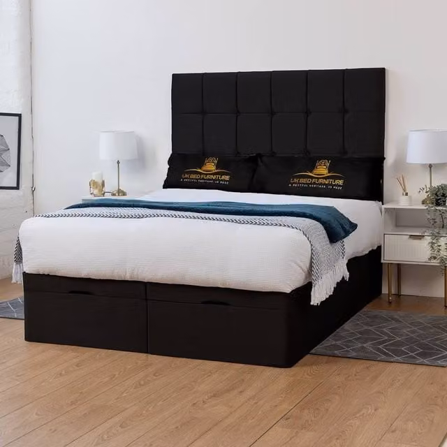 UK Bed Furniture Florence Divan Ottoman Storage Bed with End Lift and 54 Inch Headboard in Black, W/D: 120 x 200 cm