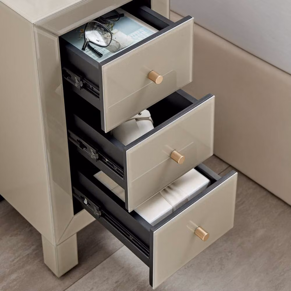 FurnitureboxUK Lexi Small Slimline Taupe 3 Drawer Mirrored Bedside Table in Beige – 2