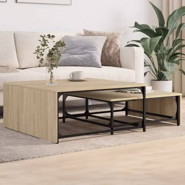 Berkfield Home Nesting Coffee Tables, 2 Piece Set in Sonoma Oak and Brown Engineered Wood with Metal Sled Base – 1