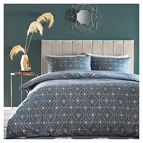 Furn Bee Deco Reversible Geometric Duvet Cover and Pillowcase Set in Blue