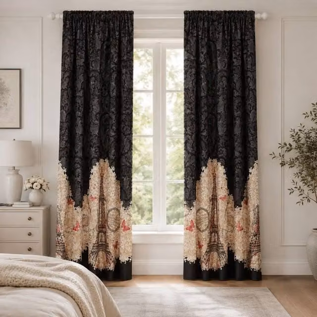 Smart Living Oooh La La Curtains Pair with Tie Backs in Black Eiffel Tower Print, Width: 167 cm, Drop: 183 cm – 1