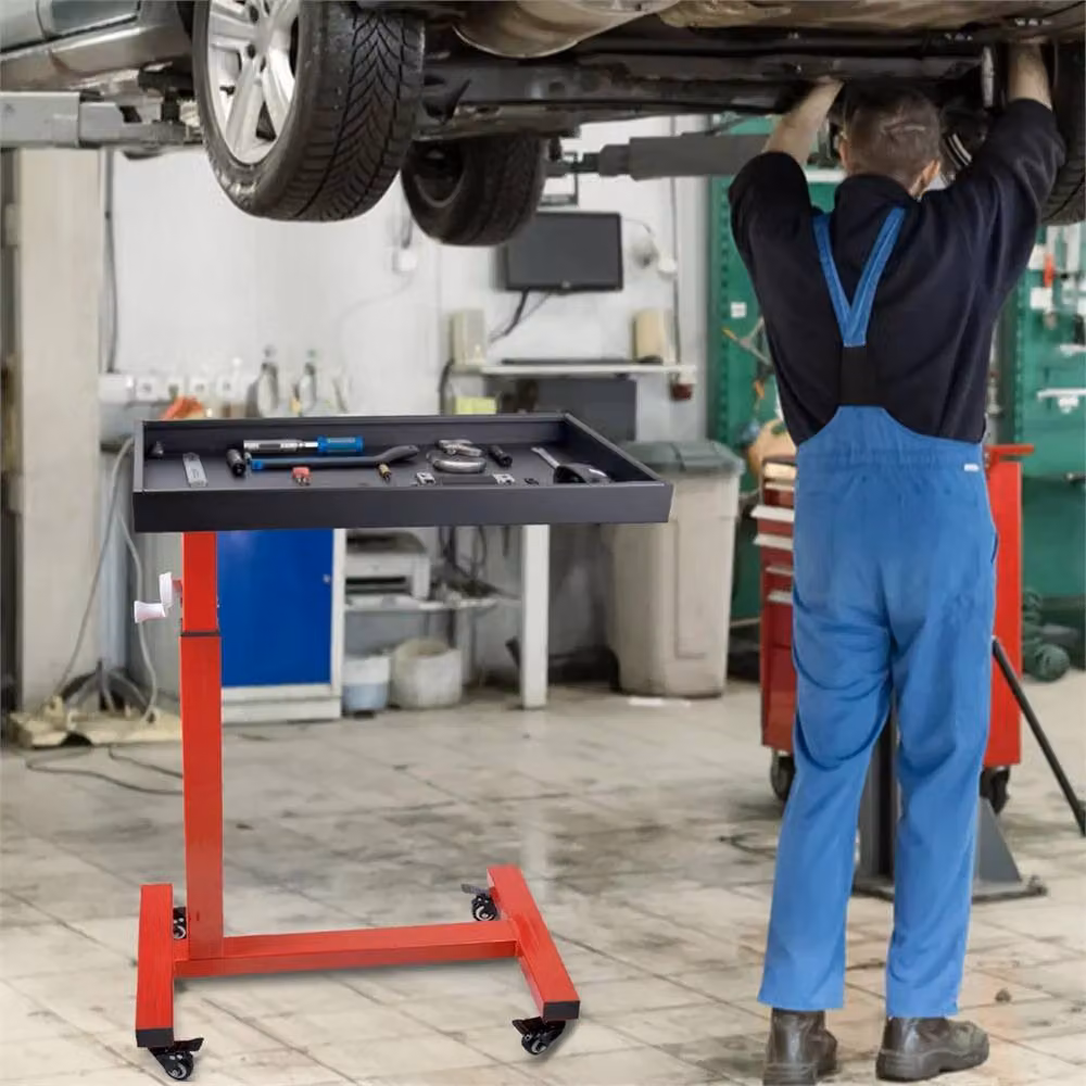 Nordara Red Adjustable Height Mobile Workstation Trolley with Lockable Wheels and 50kg Capacity – 3