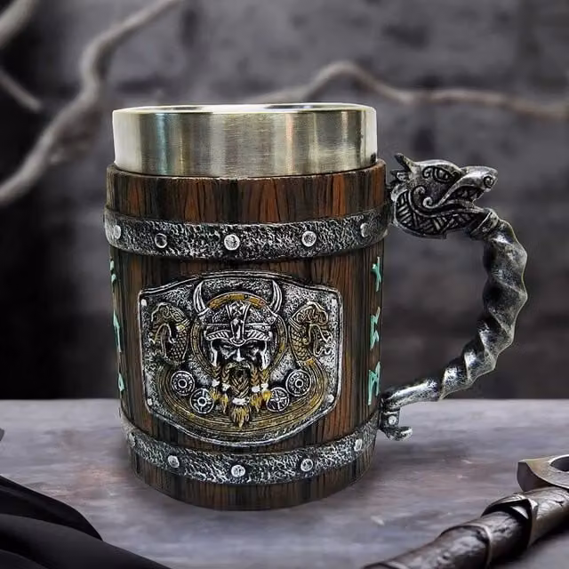 Nemesis Now Medieval Norseman Tankard Mug in Silver, Green and Brown, Height: 16 cm