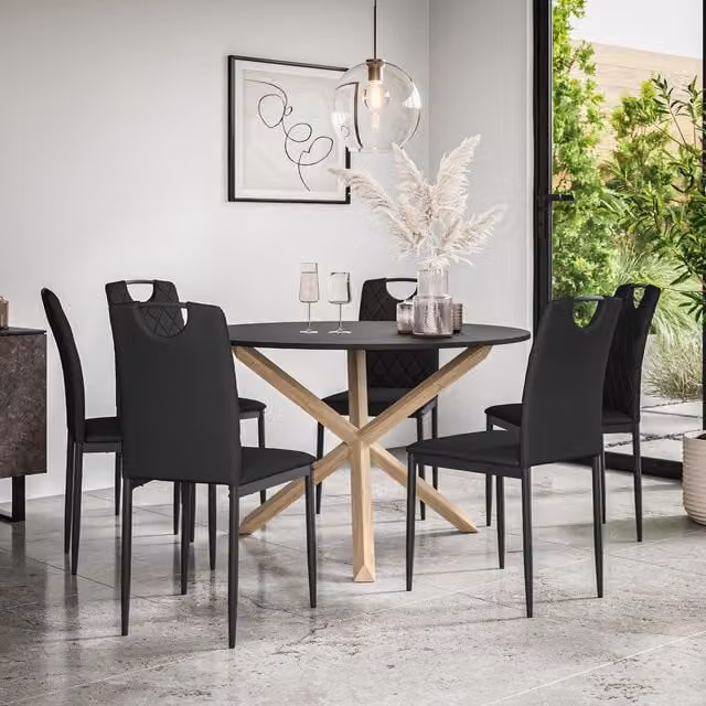More4Homes Malvern Round Dining Table and 6 Monza Faux Leather Chairs Set, Black Table Top with Solid Oak Legs, Diameter: 120 cm, Height: 75 cm