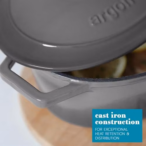 Argon Tableware Oval Enamelled Cast Iron Casserole Dish with Self-Basting Lid, Grey, 4.68L – 2