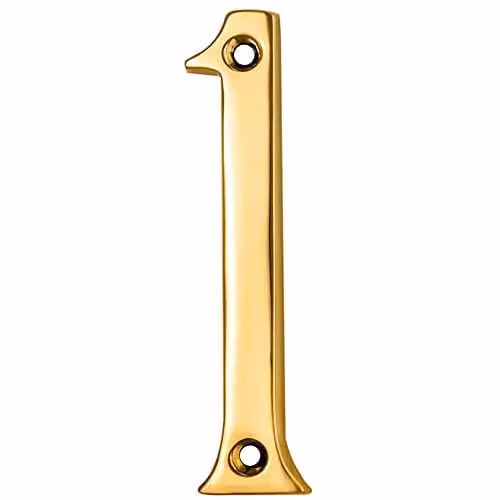 Loops Polished Brass House Numeral Plaque Number 1, Gold, H: 7.5 cm, D: 0.4 cm