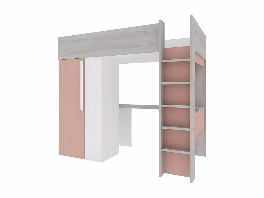 Vente-unique Single Loft Bed with Wardrobe and Desk in Grey, Pink and White, W/D/H: 200 x 90 x 183.1 cm – 2