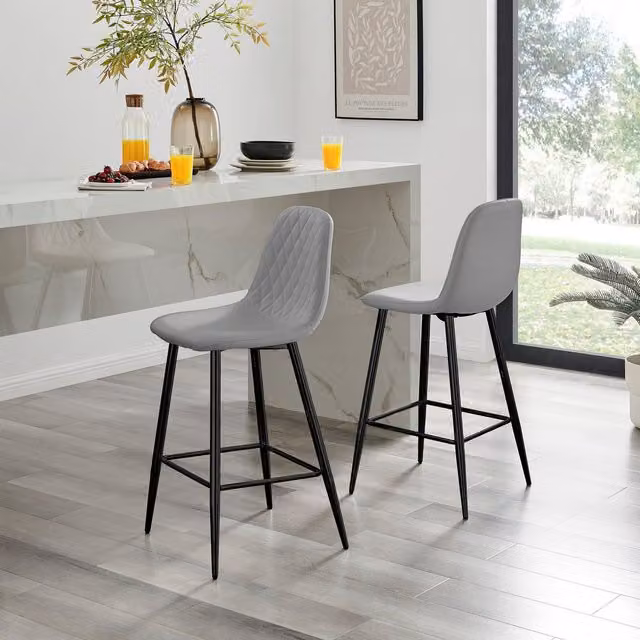 FurnitureboxUK Corona Set of 2 Grey Faux Leather Counter Stools with Black Metal Legs