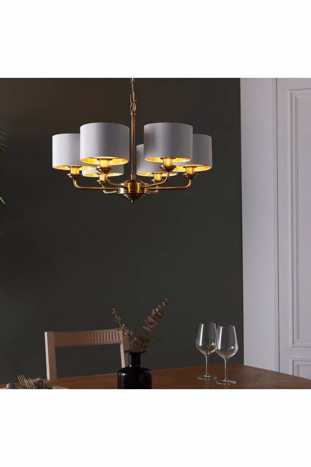 Netlighting Highclere Multi Arm Pendant Ceiling Lamp with White Fabric Shades and Antique Brass Plate – 2