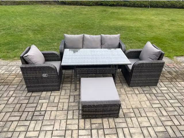 Fimous Modern Grey Rattan Outdoor Garden Dining Set with Metal Frame and Glass Tabletop