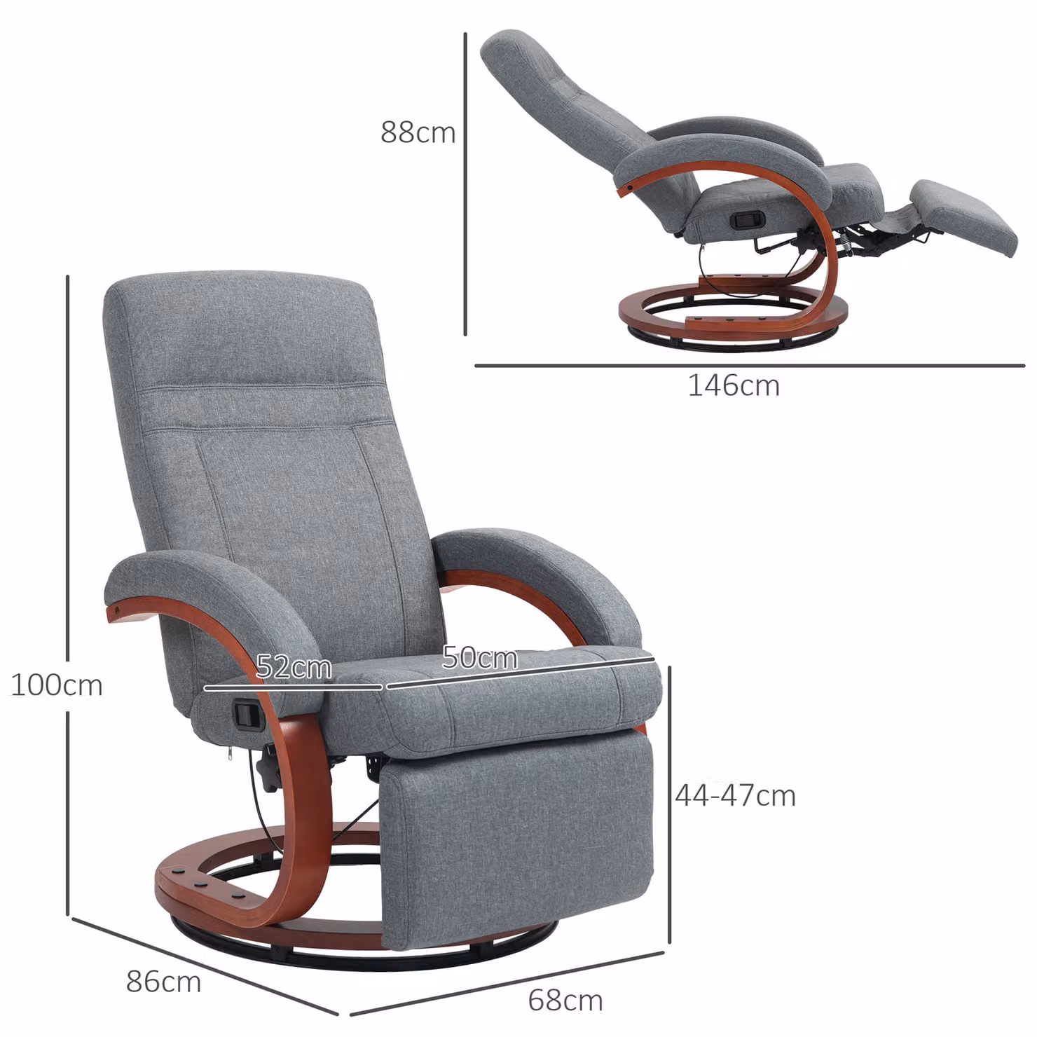 HOMCOM Grey Fabric Manual Reclining Swivel Chair with Footrest and Armrests – 3