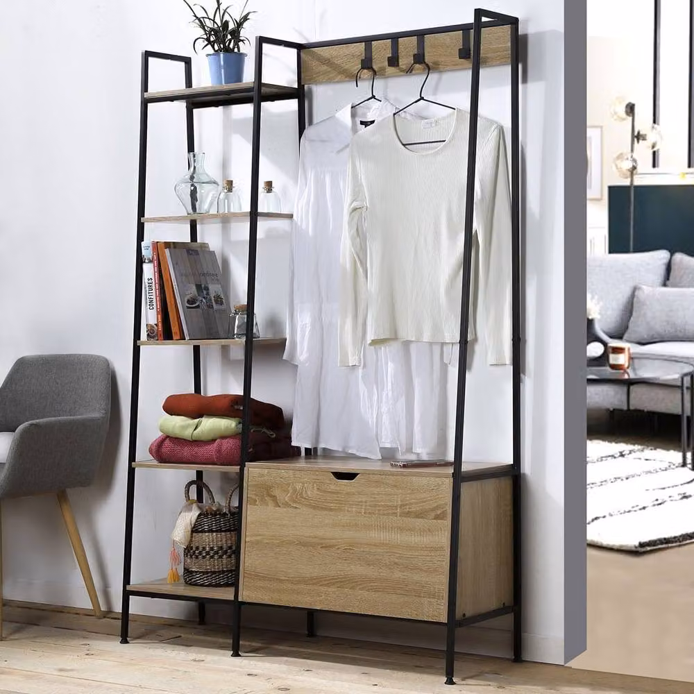 CALICOSY Lexie 5-Shelf Wardrobe with Shoe Compartment and Hooks in Natural Wood and Metal Finish, H 160 x W 105 x D 35 cm – 2