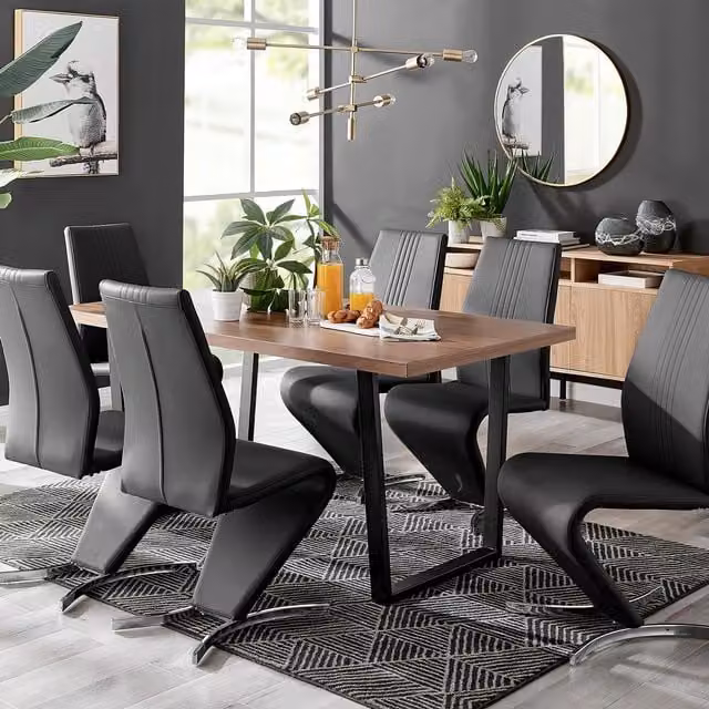 FurnitureboxUK Kylo Brown Wood Effect Rectangular Dining Table and 6 Black Willow Faux Leather Chairs