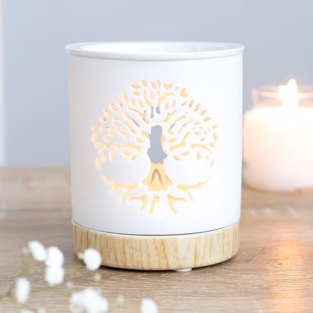 KDMK Unique Tree of Life Ceramic Oil Burner with Wood Effect Base in White