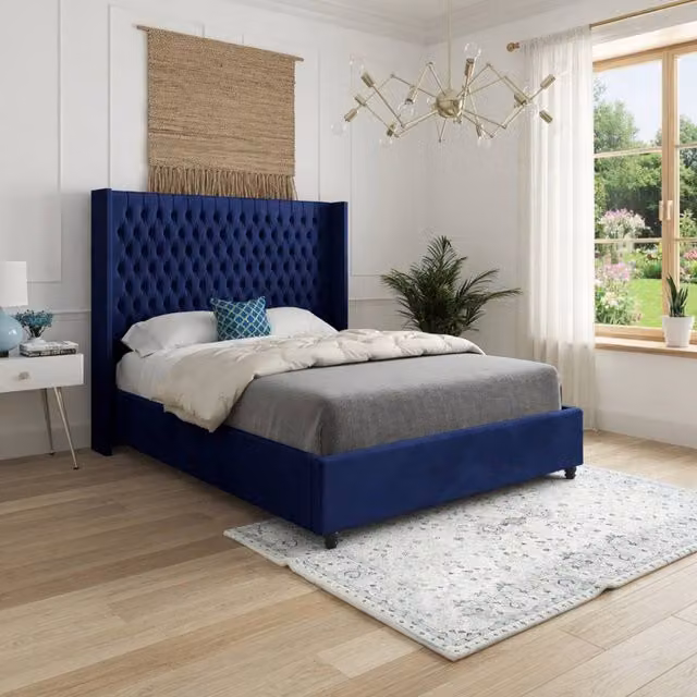 Casani Tibenham King Size Upholstered Velvet Bed Frame in Blue, W/D/H: 180 x 137 x 159 cm – 1