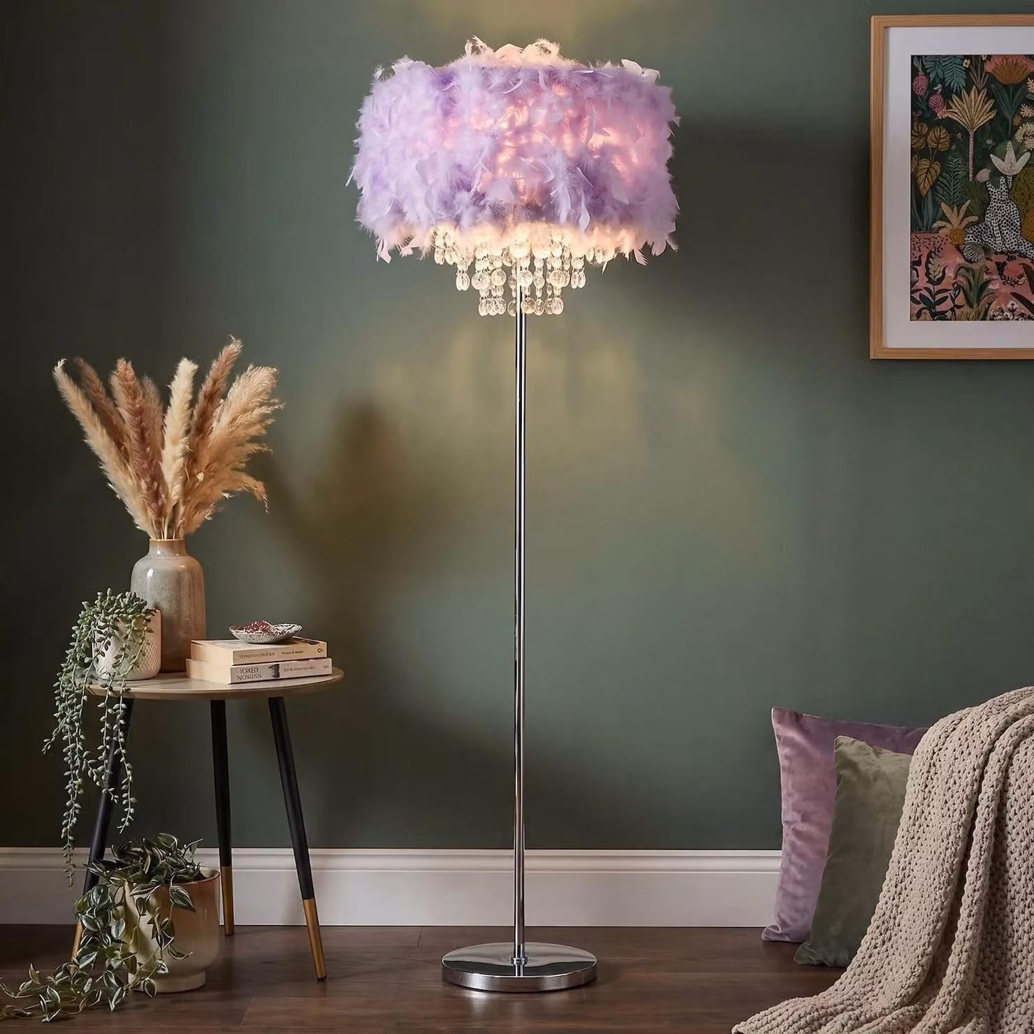 Happy Homewares Modern Feather Floor Lamp with Waterfall Acrylic Droplets in Lilac and Chrome – 2