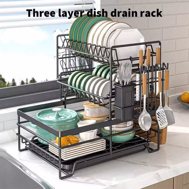 EONLION 3 Tier Black Dish Drainer Rack with Cutlery Holder and Drip Tray – 1