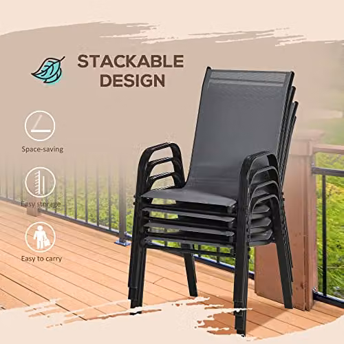 Outsunny Set of 4 Stackable Garden Dining Chairs with High Backrests in Matt Grey – 5