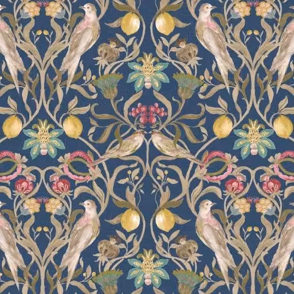 Edinburgh Weavers Songbird Floral Cotton Fabric in Navy and Multicolour