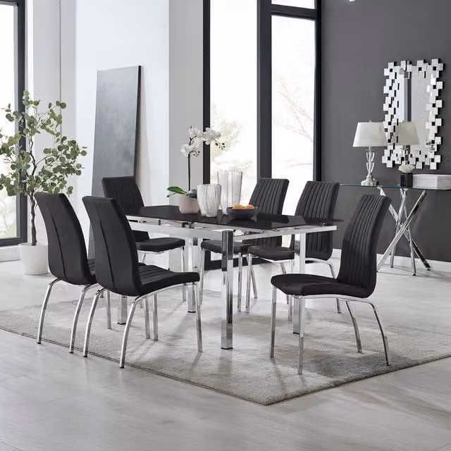 Furniturebox Enna Black Glass Extending Rectangular Dining Table and 6 Isco Chairs Set