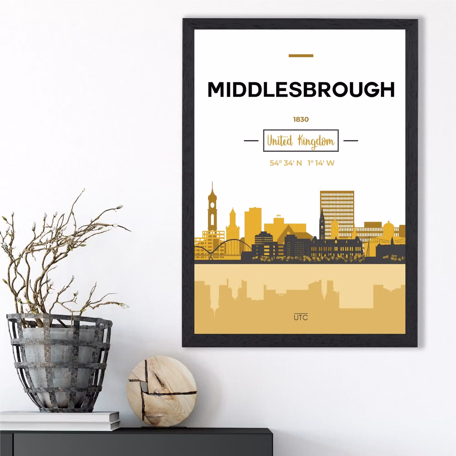 ARTZE Middlesbrough City Skyline Framed Print, Yellow and Black, A4 – 2