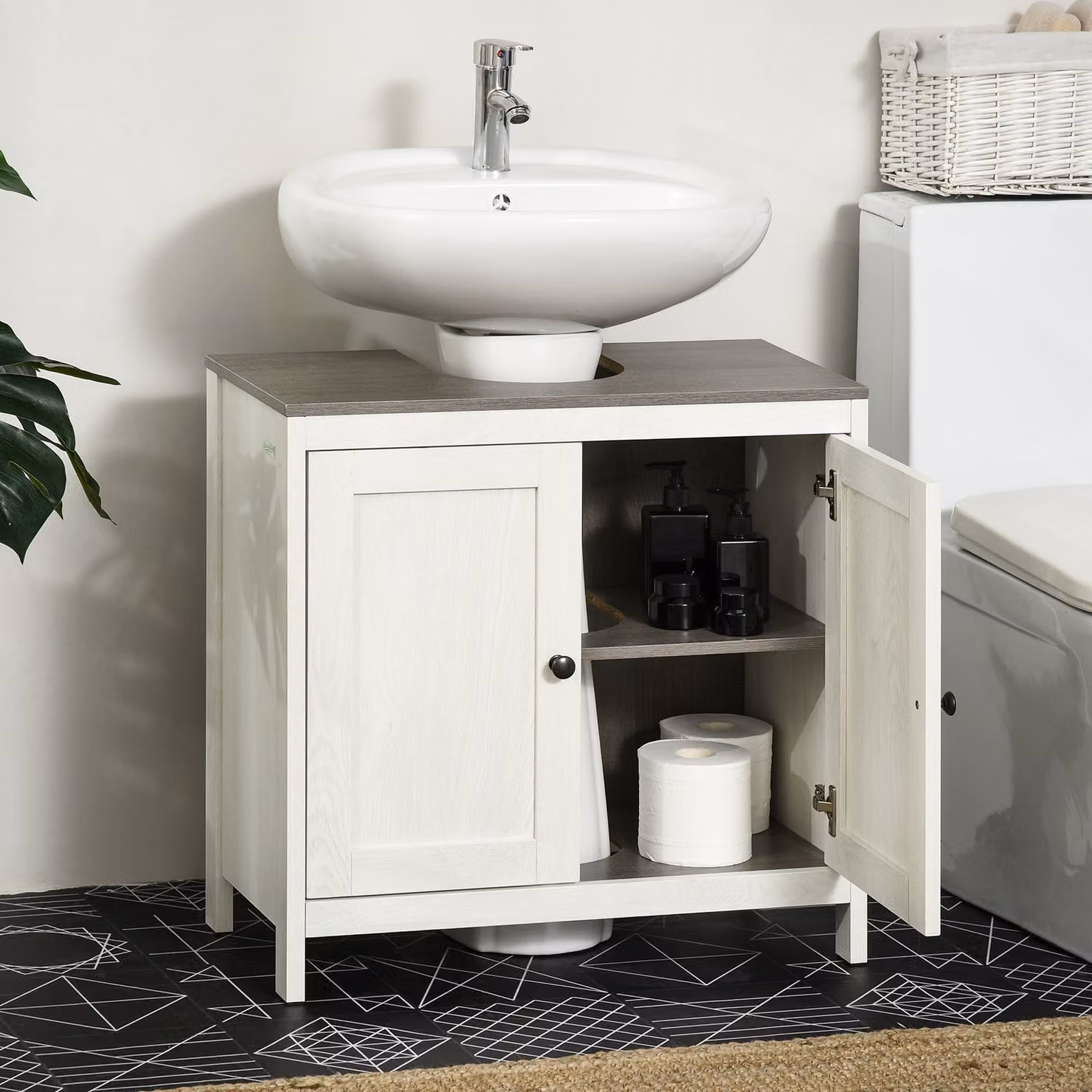 Kleankin Modern Floor Standing Bathroom Sink Cabinet in Antique White with Adjustable Internal Shelf and Double Hinged Doors – 6
