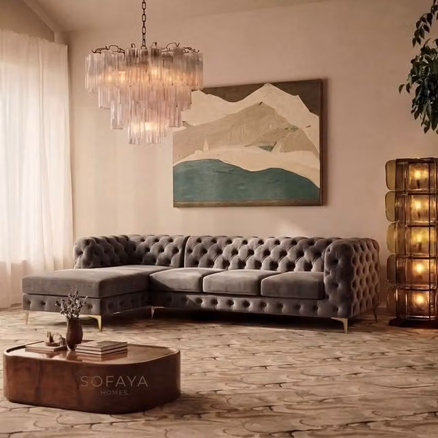 Sofaya Monaco Chesterfield 4 Seater L-Shaped Sofa in Grey Velvet with Left Hand Chaise