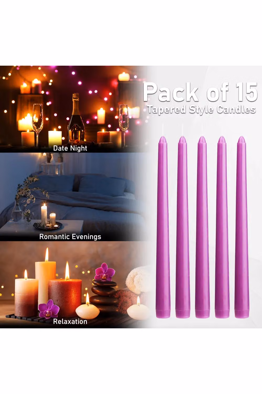 Deco Express Classic Dripless Tapered Unscented Metallic Candles in Purple, 15 Pack – 3
