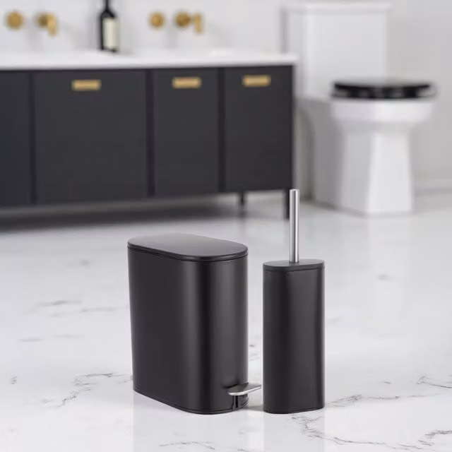 Showerdrape Fortuna 5L Soft Close Bathroom Pedal Bin and Toilet Brush Set in Black with Satin Chrome Finish – 1