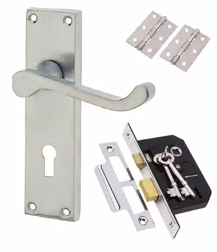 Golden Grace Victorian Scroll Door Handle and Lock Pack in Brushed Chrome Silver