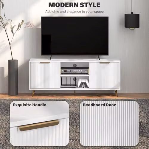 HOMCOM Modern White Fluted TV Stand for TVs up to 55 Inch with Geometric Storage Cabinets – 3