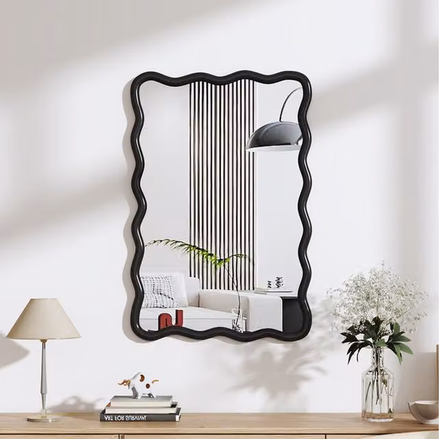 Livingandhome Modern Black Wood and Glass Wall-Mounted Decorative Mirror, Width: 90.5 cm