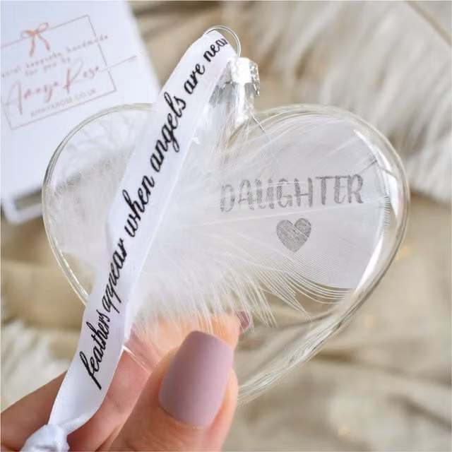 Amaya Rose Ltd In Memory of Daughter Feather Heart Glass Bauble in White and Transparent