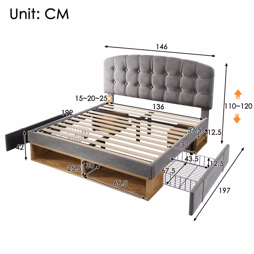 Merax Double Velvet Upholstered Storage Bed with Adjustable Headboard in Grey, W/D/H: 140 x 200 x 110 cm – 2
