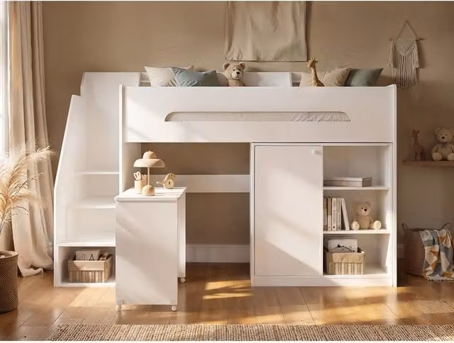 Flair Furnishings Stepaside Staircase High Sleeper Workstation with Side Compartments in White, Single Size – 1