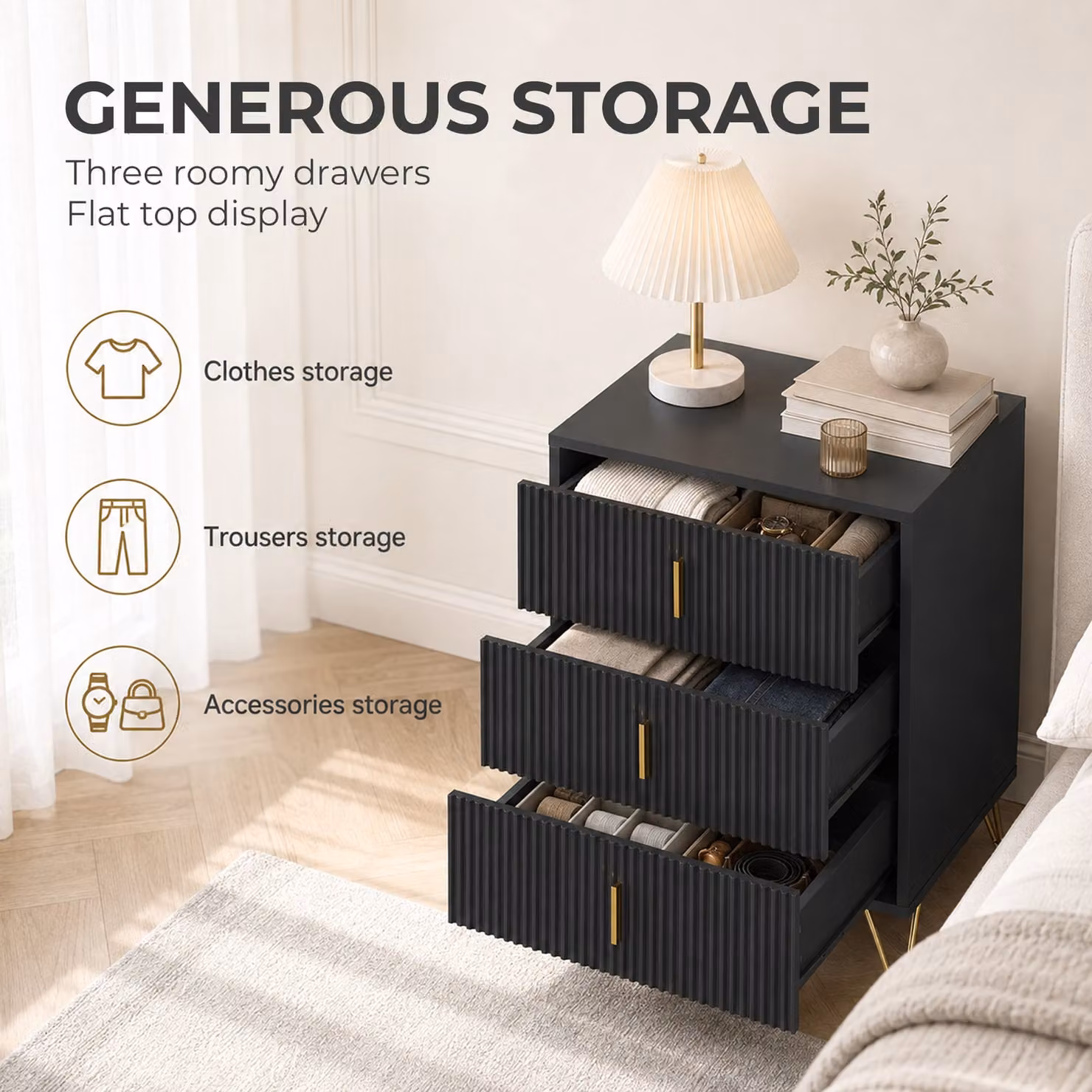 HOMCOM Modern 3-Drawer Fluted Dresser with Metal Legs and Steel Handles in Black and Gold – 4