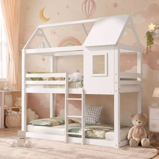 Merax White Childrens Cabin Bunk Bed with House Frame, W/D/H: 190 x 90 x 75 cm – 1