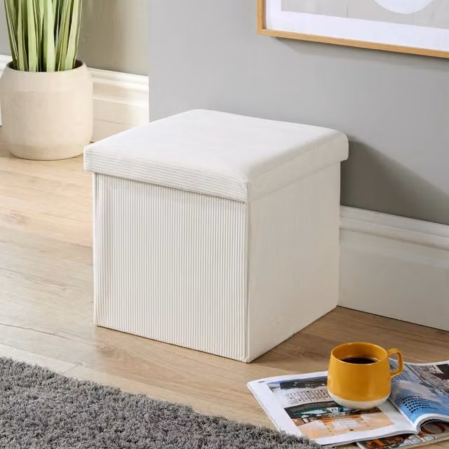 Home Source Corduroy Fabric Folding Ottoman Storage Chest in Cream, W/D/H: 38 x 38 x 38 cm – 1