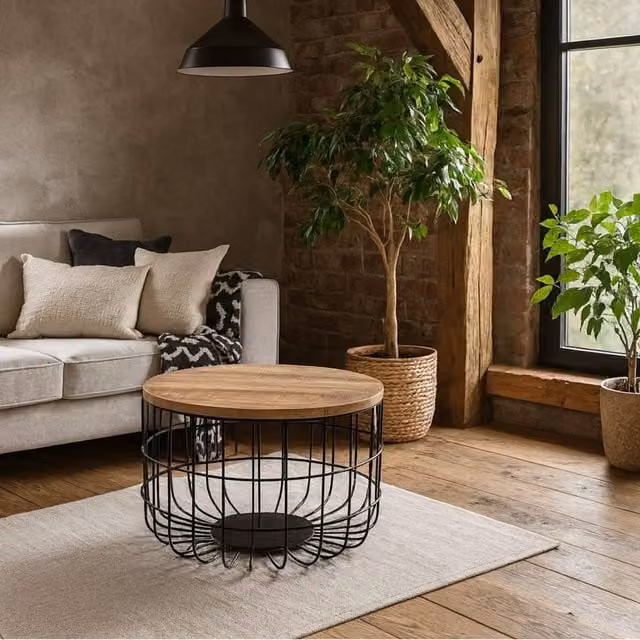 Wyld Haus California Round Solid Mango Wood Coffee Table with Black Metal Wire Base in Brown – 1