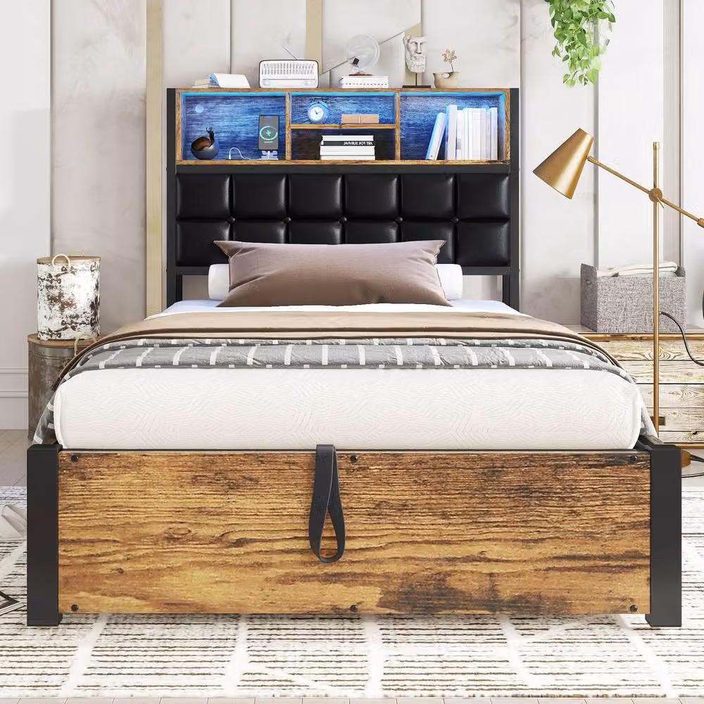 ModernLuxe Single Ottoman Bed in Walnut with LED Lighting, USB Charging Port and Storage Headboard – 6