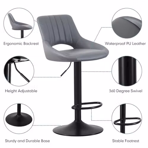 mcc direct Stacey Set of 2 Grey Faux Leather Swivel Bar Stools with Backrest and Footrest – 4