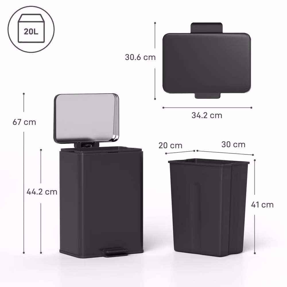 HOMCOM 20L Black Pedal Bin with Soft-Close Lid and Fingerprint-Proof Finish – 3