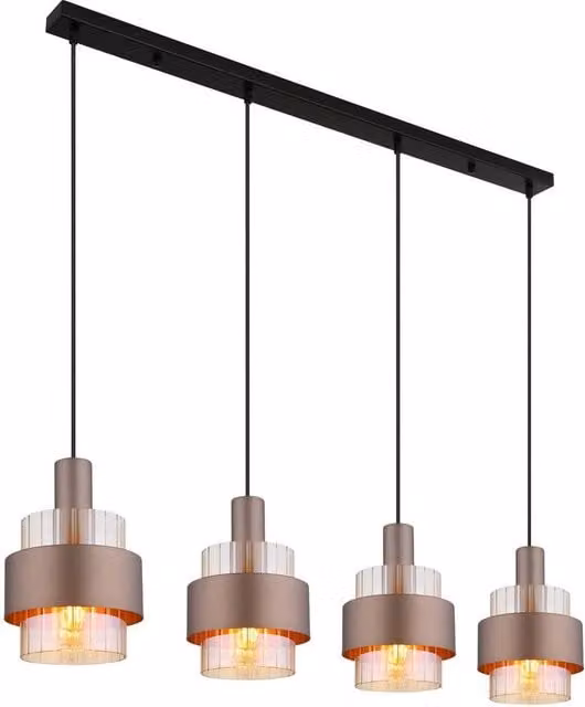Netlighting Milley Bar Pendant Ceiling Light with Amber Glass Shades in Matt Black and Brown, 4x E27, Height Adjustable